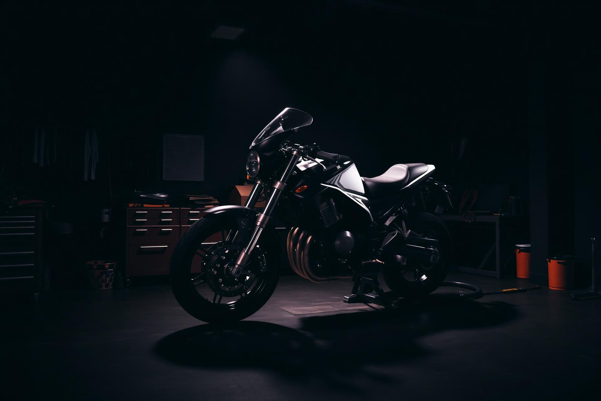 Motorcykel i mörk verkstad hos VMR Motorsport